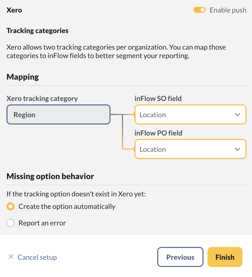 Tracking categories configuration interface showing the mapping of inFlow fields to Xero tracking categories for sales and purchase orders.