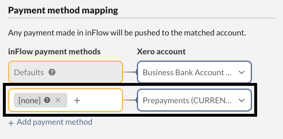 Sales order payment method mapping interface configured to include the [none] payment method.