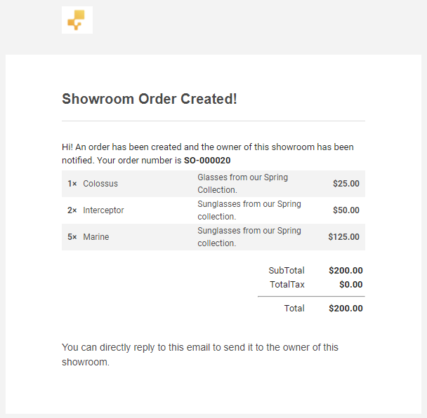 Image of order confirmation email that is sent to customers when they complete a Showroom order. 