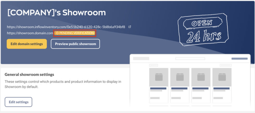 inFlow Showroom page, showing a custom domain pending verification 