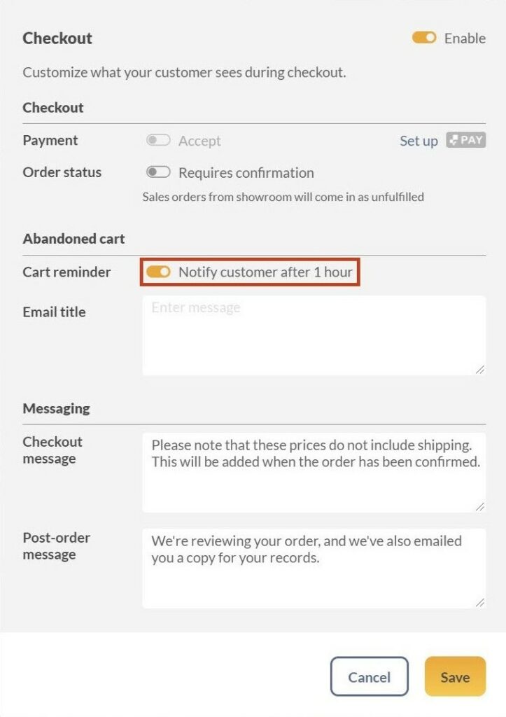 Checkout settings, showing the Cart Reminder feature that will email a customer 1 hour after they've abandoned their cart. 