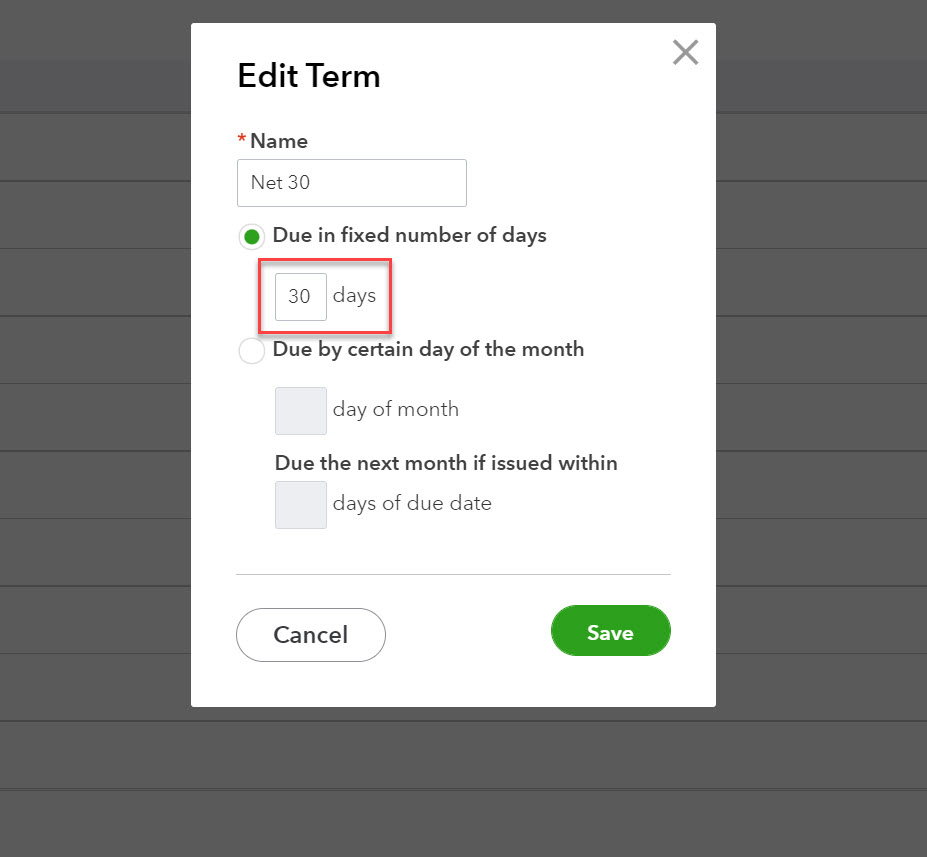 Payment terms settings in QuickBooks Online