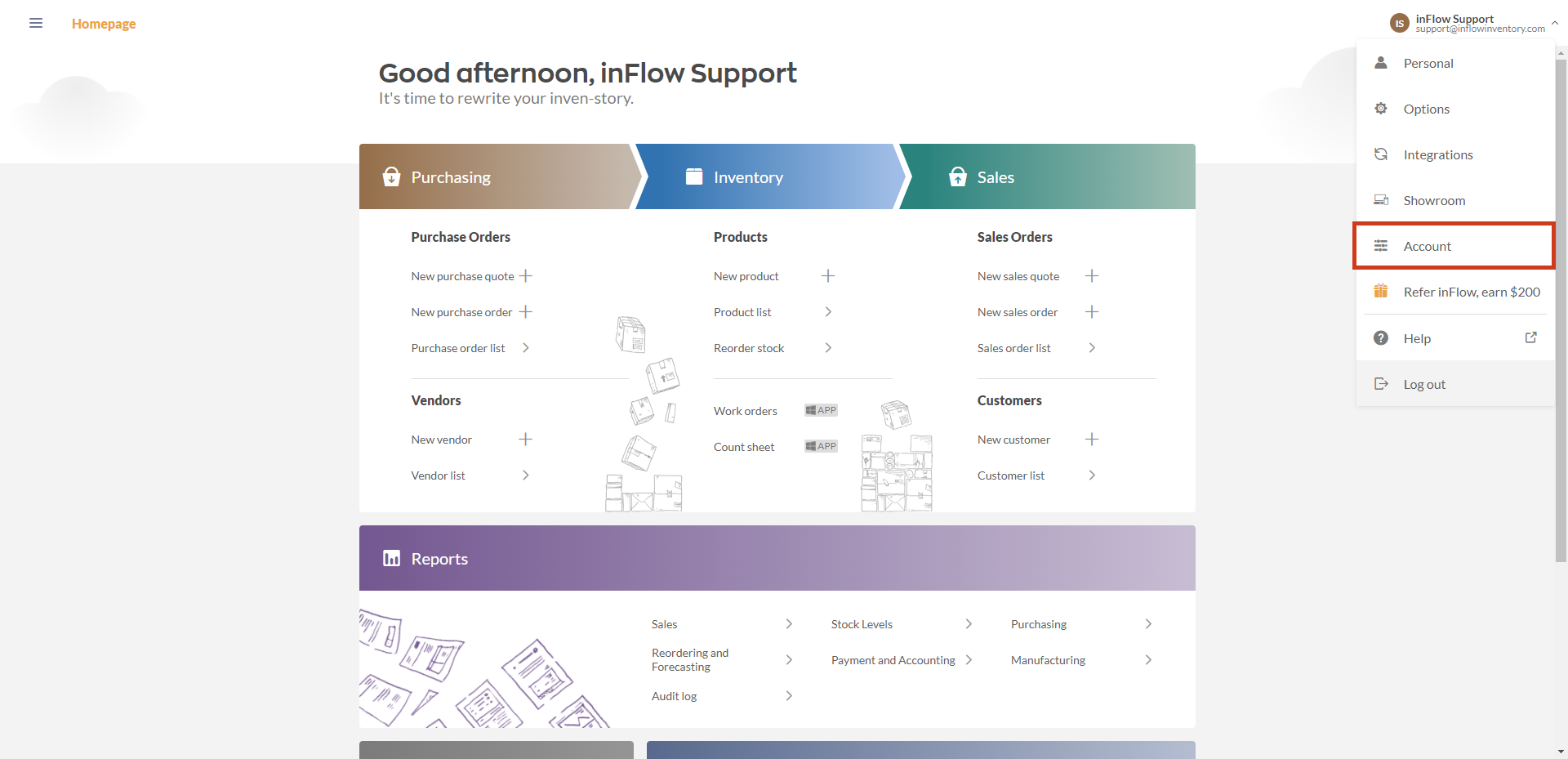 inFlow Cloud for Web Homepage with the Account menu open