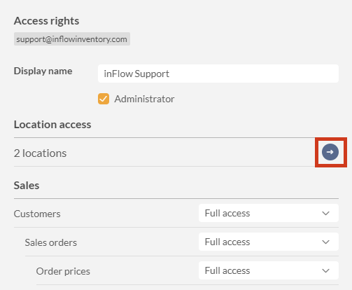 Team member access rights settings. Highlighting how to restrict location access for a team member. 