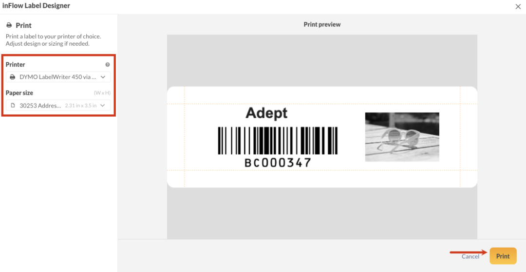 Label printing with inFlow (DYMO, Zebra, Brother & more)