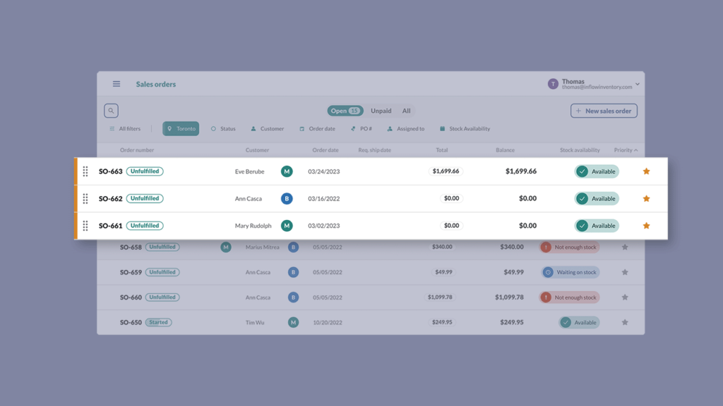 An image of prioritized sales orders in inFlow