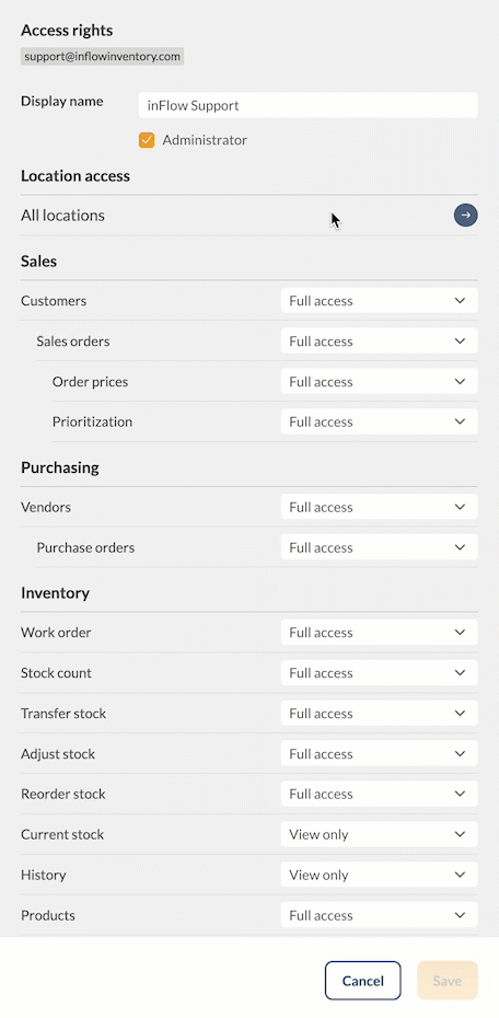 Animated image showing Team member access rights settings
