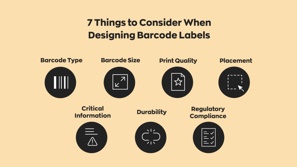 7 Things to Consider When Designing Barcode Labels:  1. Barcode Type
2. Barcode Size
3. Print Quality
4. Placement 
5. Critical Information
6. Durability
7. Regulatory Compliance
