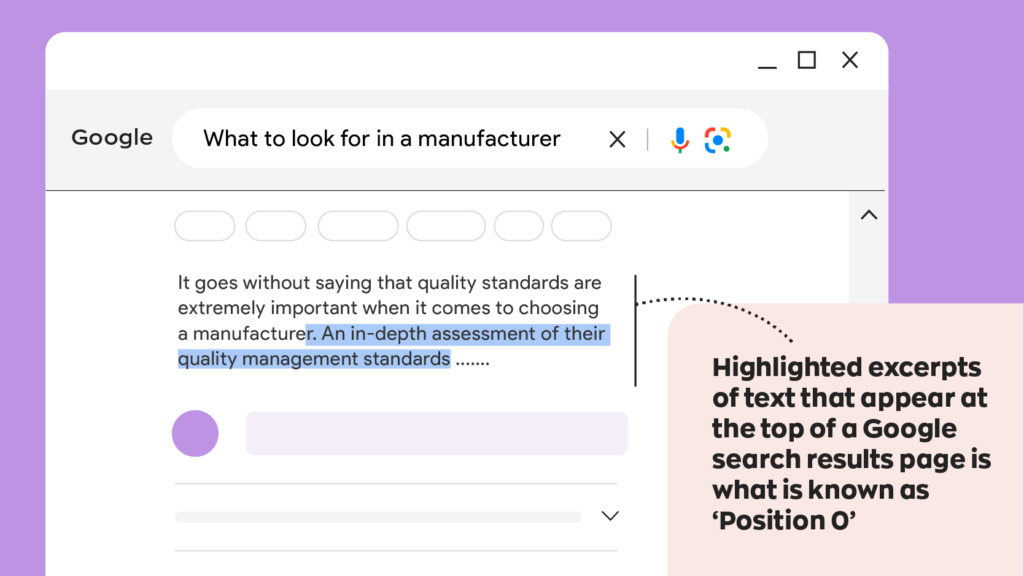 An example of what a featured snippet looks like in Google. The highlighted excerpts of text that appear at the top of a Google search result page is known as "Position 0".