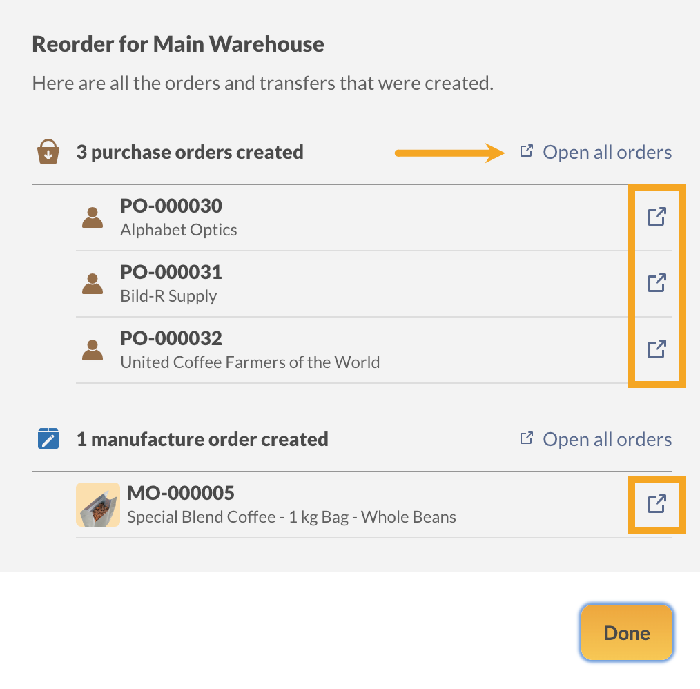 inFlow reorder settings window showing how to open newly made orders in a new tab. 