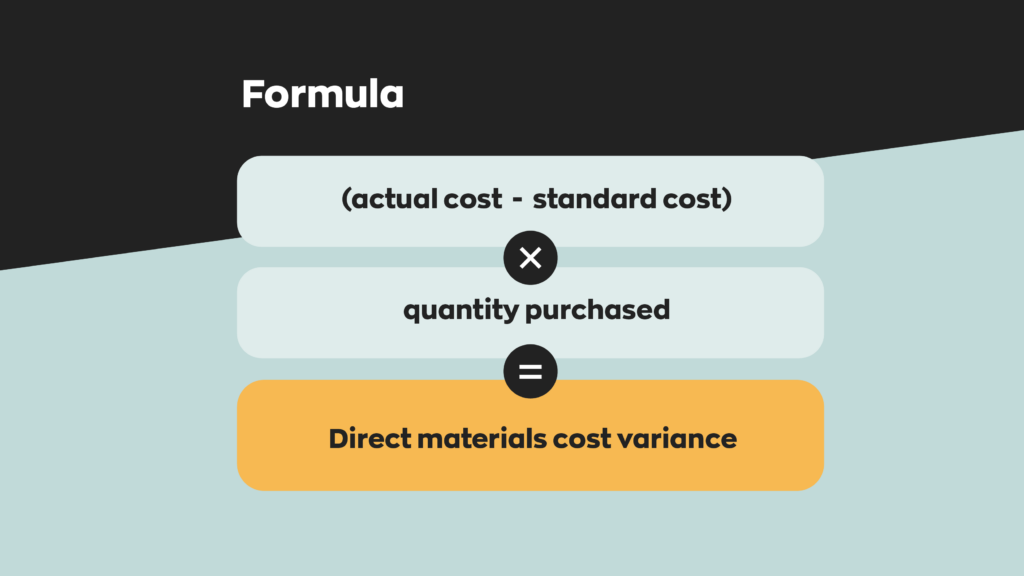 The Direct Materials Cost Variance Formula:

Direct materials cost variance = (actual cost - standard cost) x quantity purchased