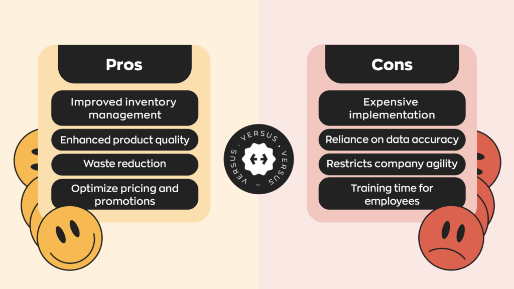 Pros of shelf life management:
- Improved inventory management
- Enhanced product quality
- Waste reduction
- Optimize pricing and promotions  Cons of shelf life management:
- Expensive implementation
- Reliance on data accuracy
- Restricts company agility
- Training time for employees  