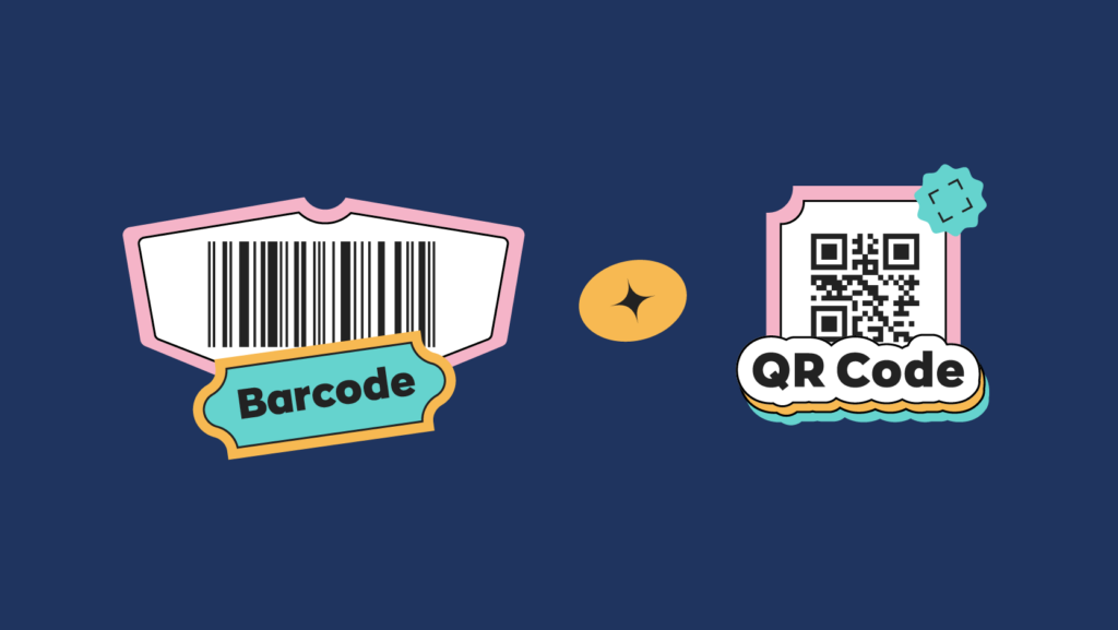 Graphic showing a the two types of barcodes 1D barcodes and 2D barcodes (QR codes).