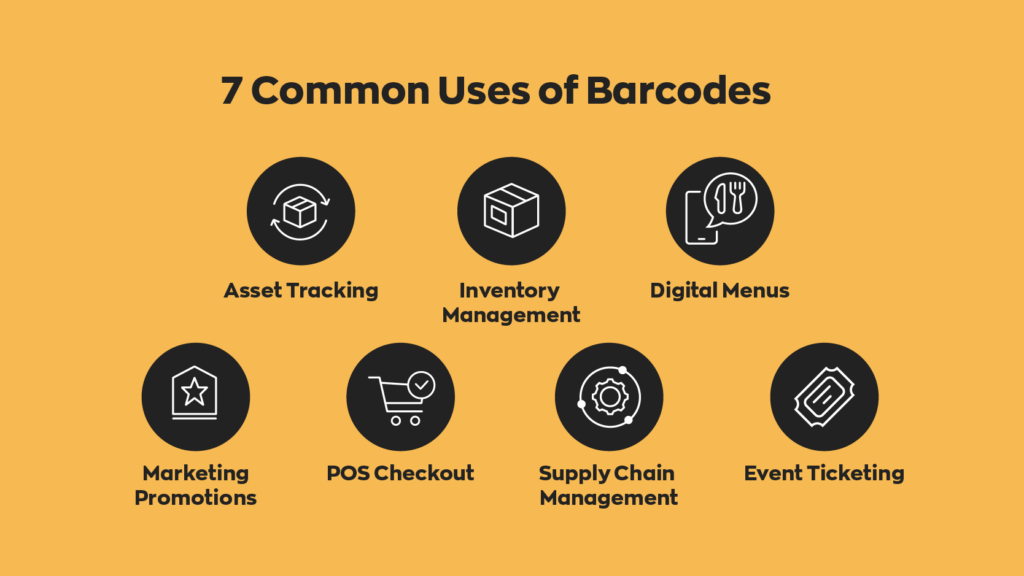 7 Common Uses of Barcodes:  1. Asset Tracking
2. Inventory Management
3. Digital Menus
4. Marketing Promotions
5. POS Checkout
6. Supply Chain Management
7. Event Ticketing
