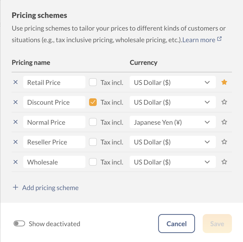 inFlow’s Pricing scheme settings with multiple pricing schemes that have been created.
