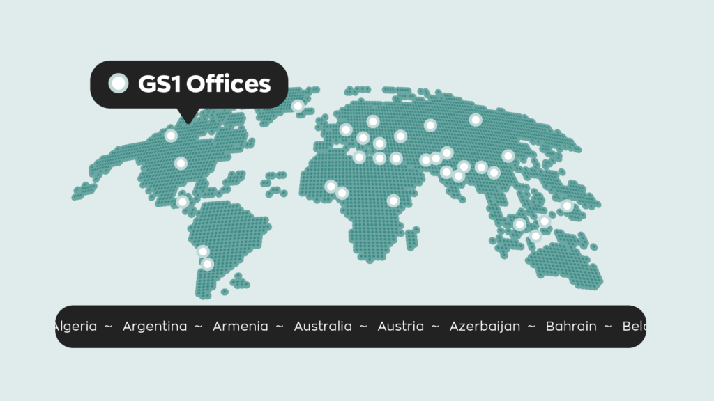 A map showing some of the various GS1 office locations around the world. 