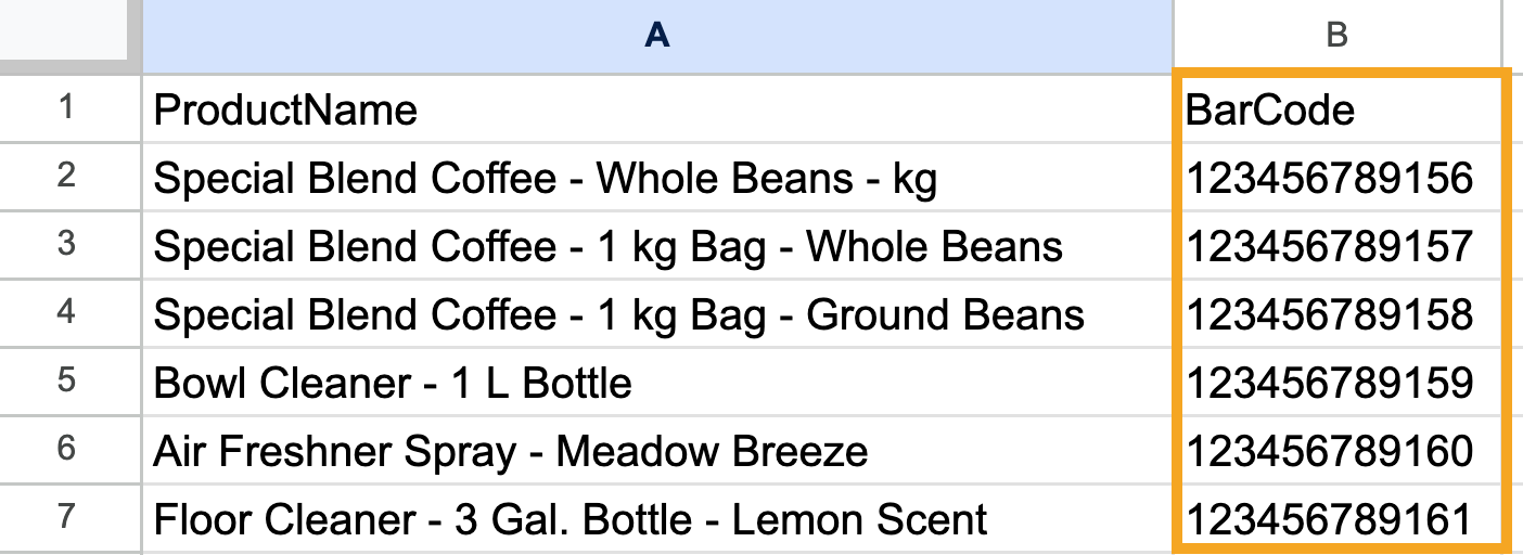 CSV template for importing barcodes.