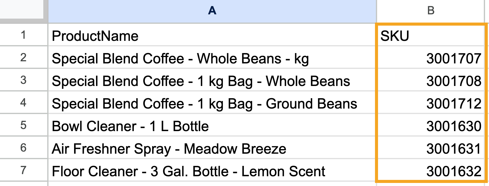 CSV import file with the columns "Product Name" and "SKU."