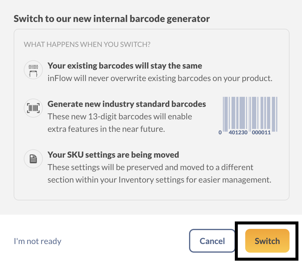 Switching to the new internal barcode generator setting that will generate 13-digit industry-standard barcodes.