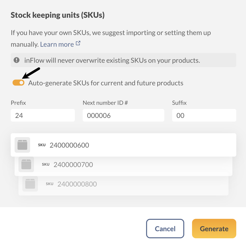 SKU Generation settings in inFlow. 