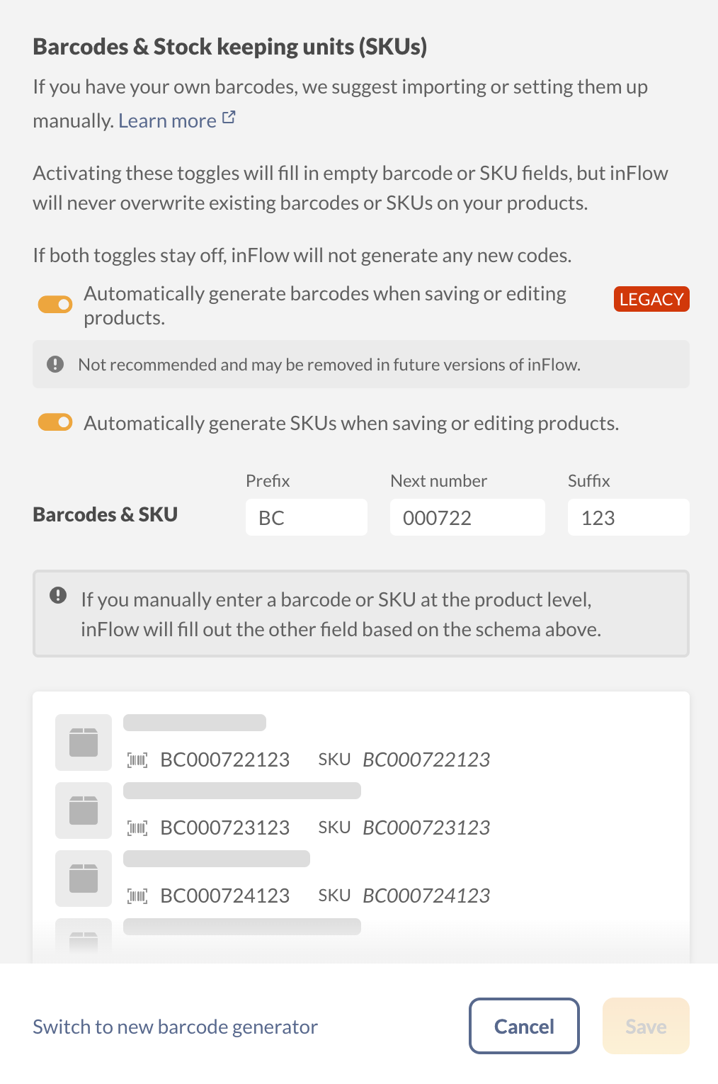 inFlow's legacy barcode and SKU generator.