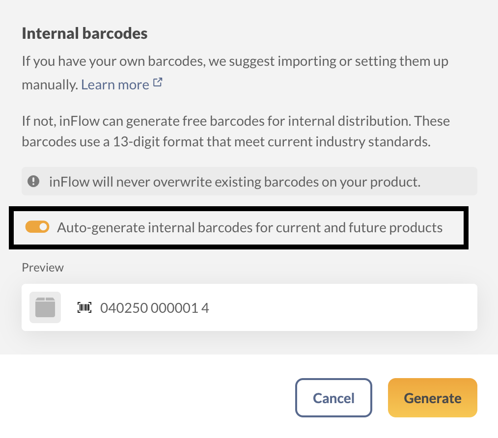 inFlow’s internal barcode generator tool.