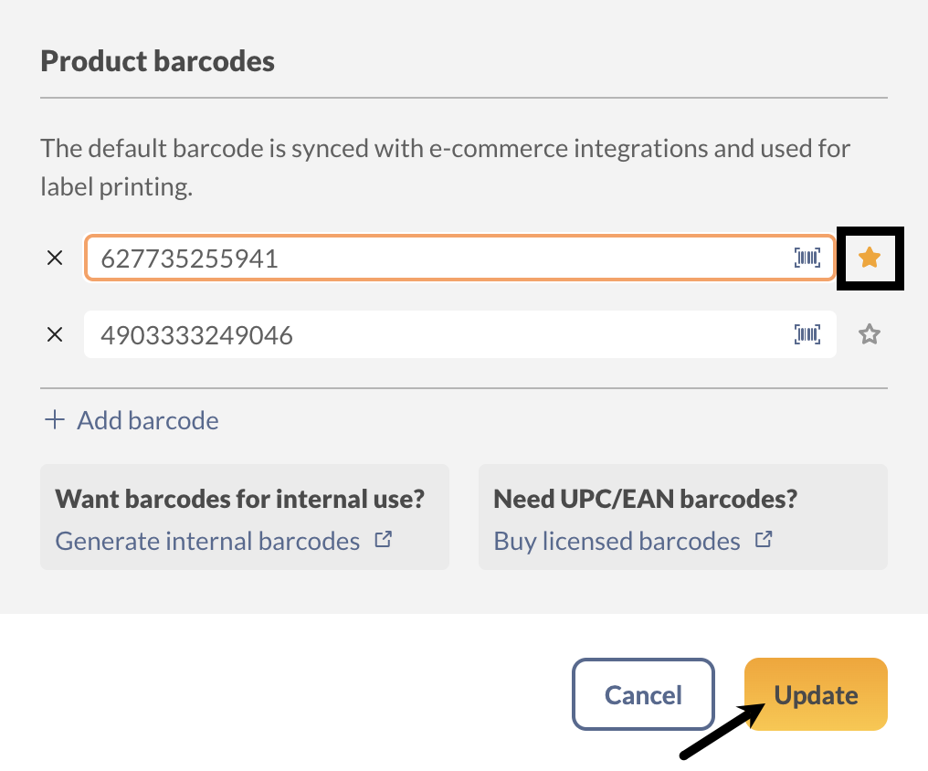 Setting a default barcode on a inFlow product record.