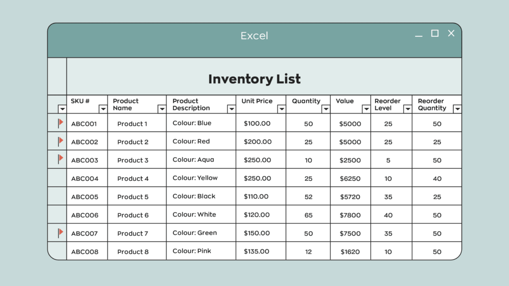 A graphic example of what an inventory list spreadsheet looks like. 