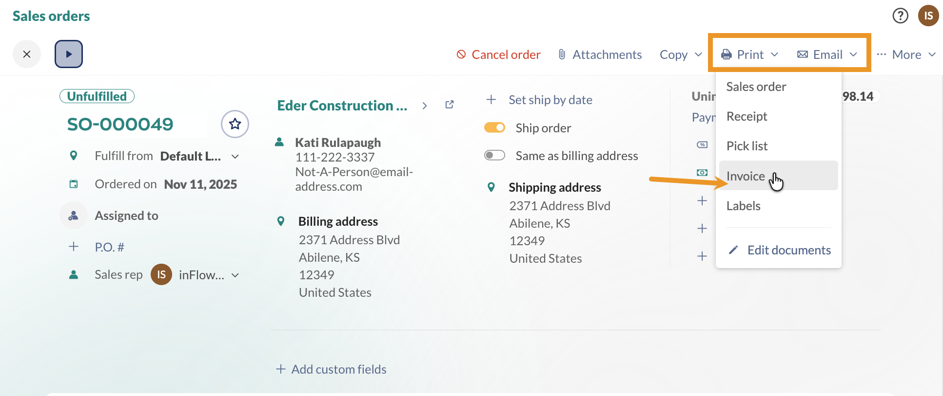 Click the "Print" or "Email" button to choose the sales order invoice.
