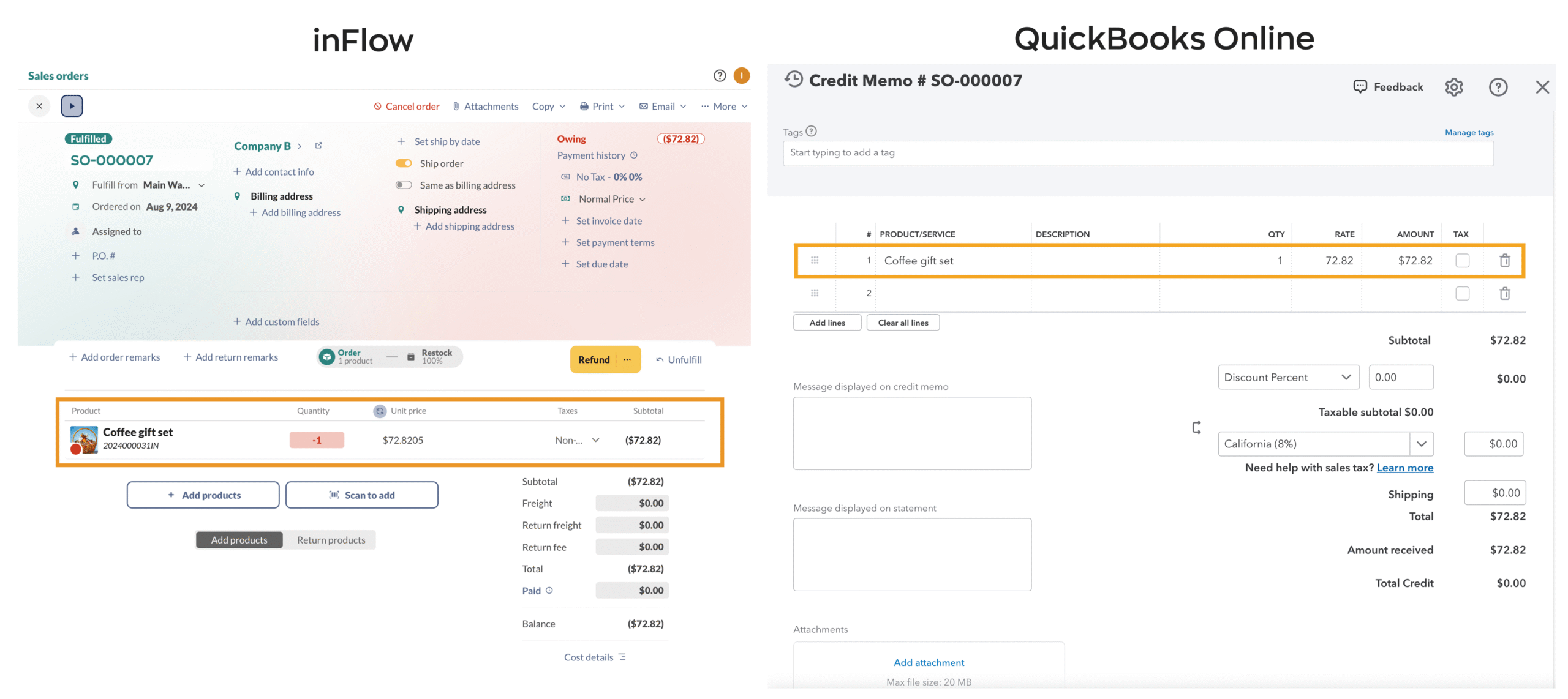 This image shows a refund in inFlow for an unpaid sales order, and it’s also been updated on the matching invoice in QuickBooks Online.