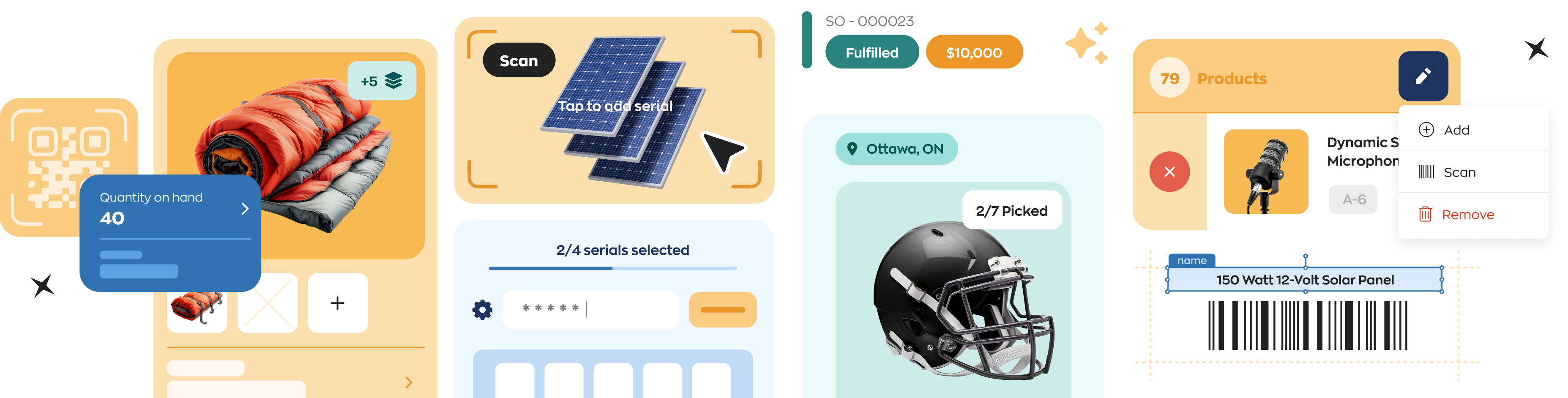 A stylized image emphasizing product, quantity in stock, and location