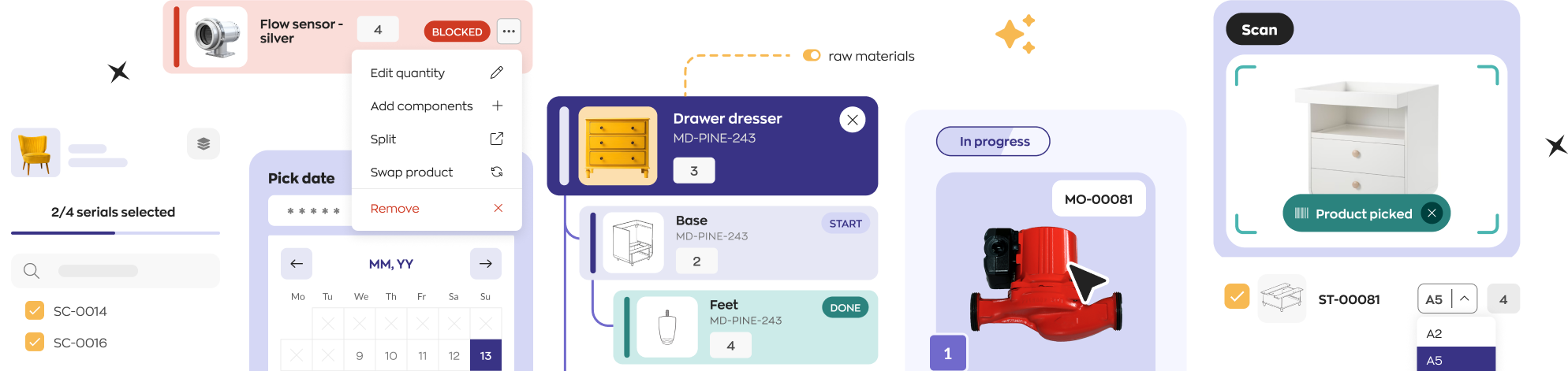 A stylized image emphasizing product, quantity in stock, and location