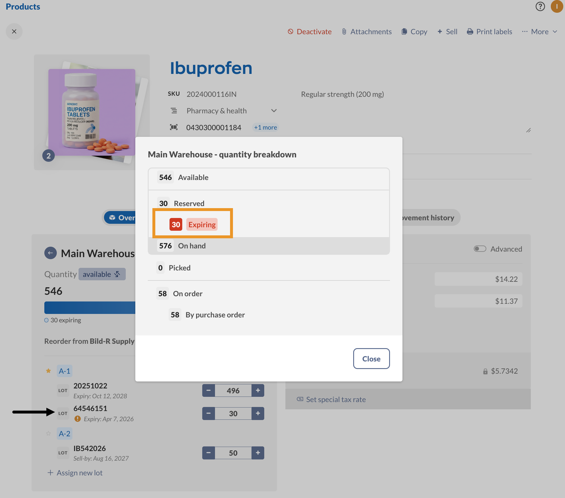 A product record listing each lot's number, expiry, sell-by date, and quantity, with an Assign new lot option below.