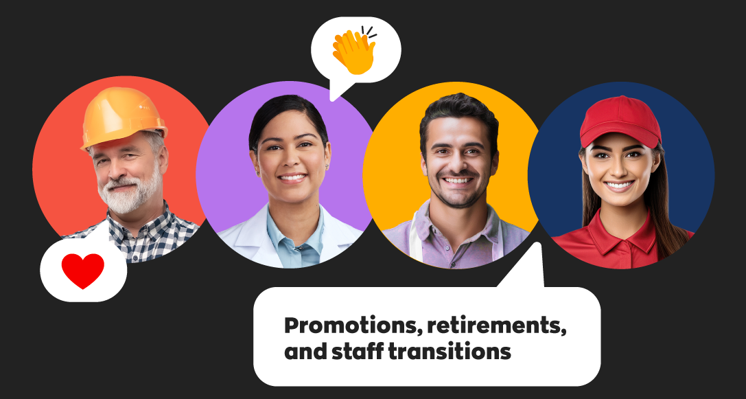 Image with a diverse group of people with the text “Promotions, retirements, and staff transitions”.