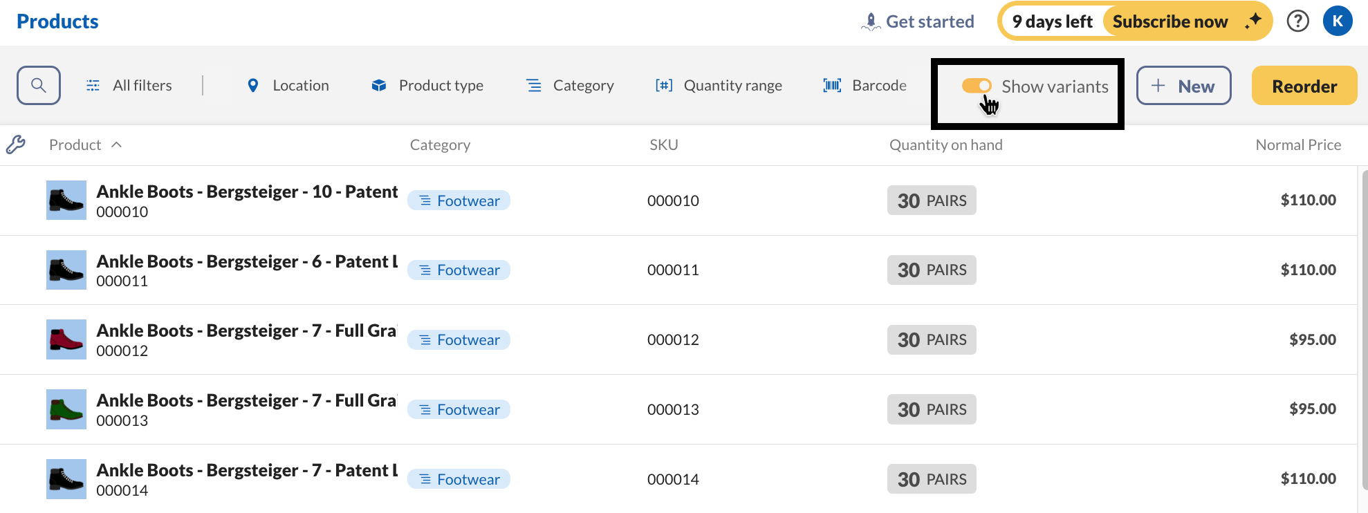 The inFlow product list features a "Show variants" toggle that allows you to view all product options.