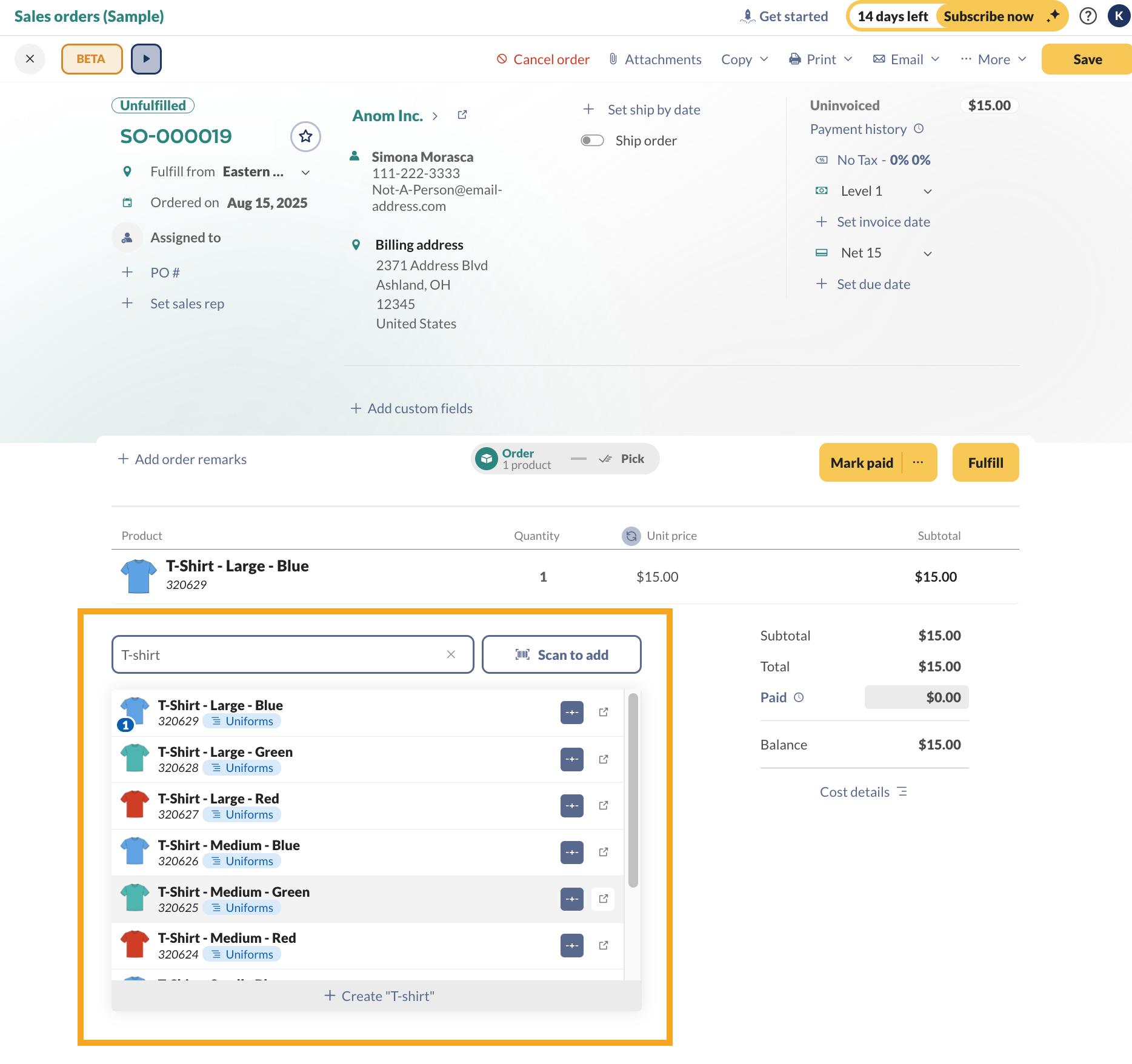 A sales order that includes an open product picker with variant option products.
