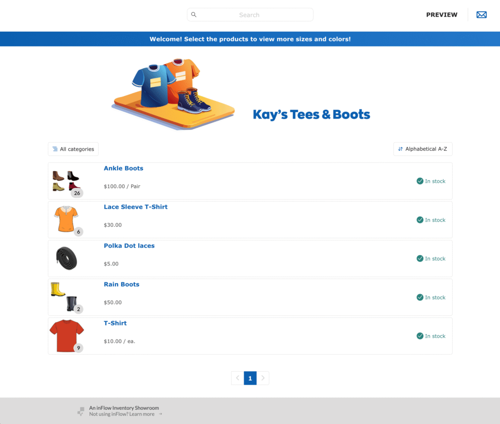 Online showroom featuring five products for sale, most with variants.