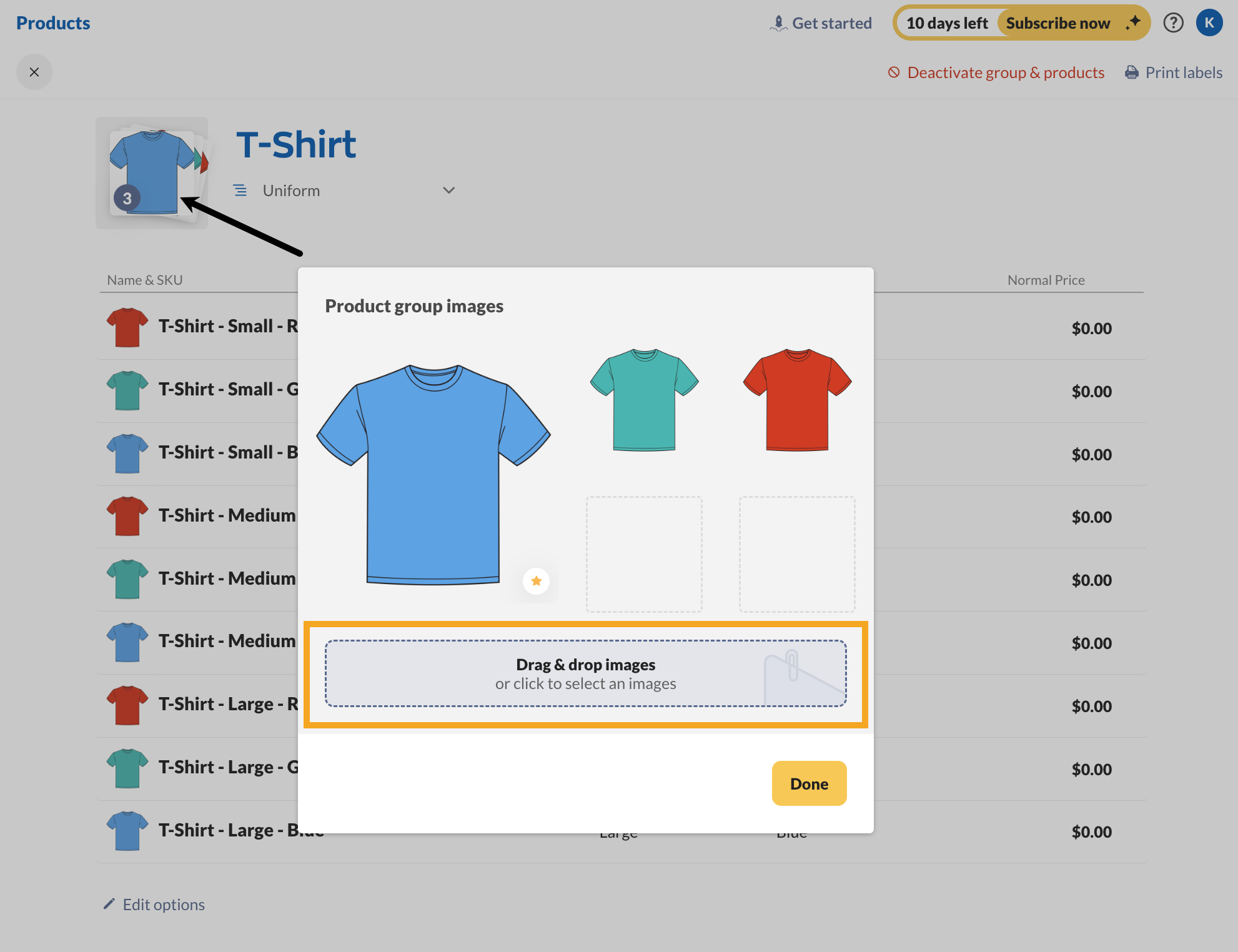 Adding images to a product group. 