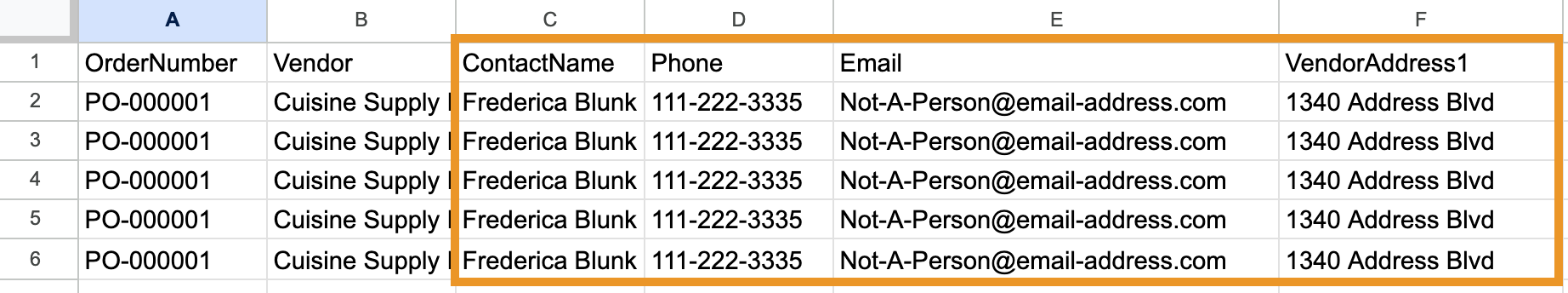 Fill out the vendor or order information columns to update the related purchase order.