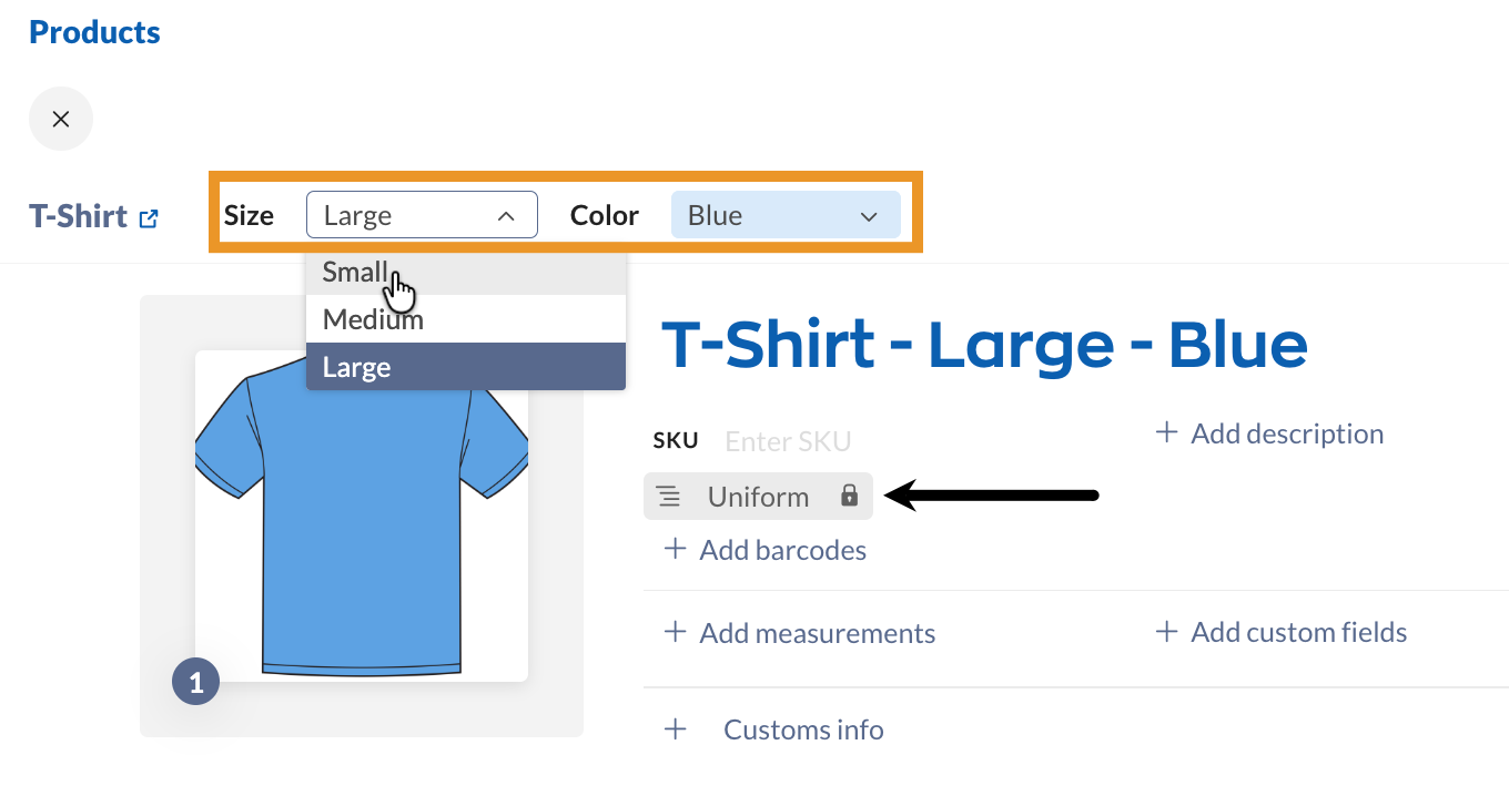 Example of a product option record using filters to view related products. The category field in the variant option record is uneditable and can only be changed in the product group record.