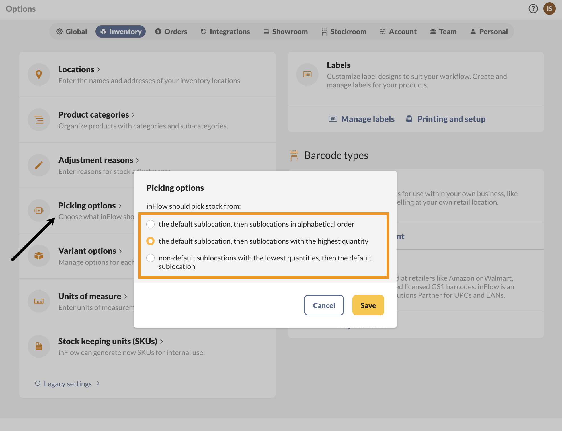 The Picking options settings in inFlow’s Inventory menu.