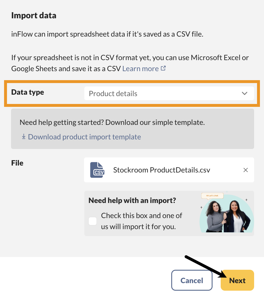 Stockroom Import settings.