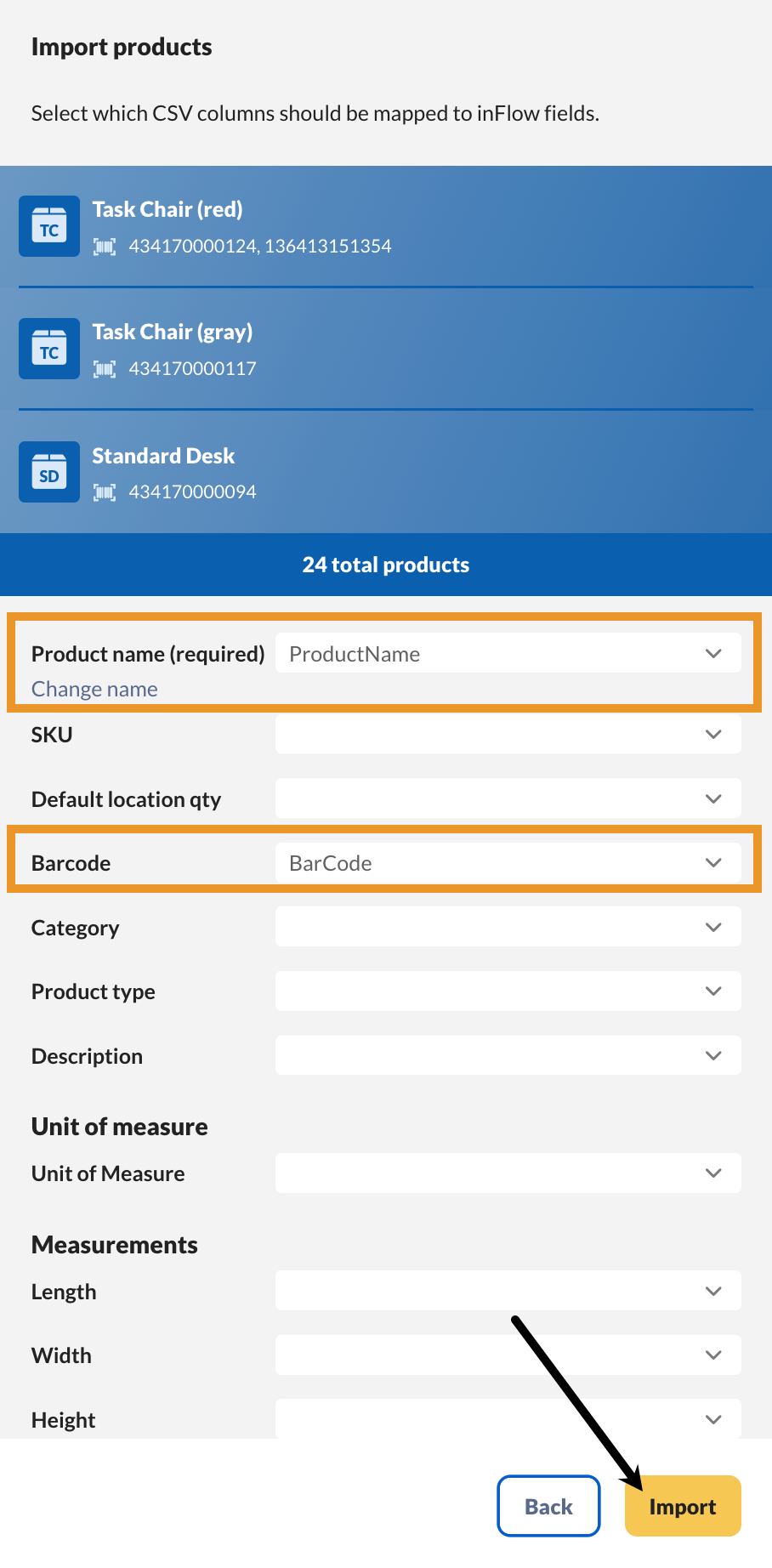 Mapping settings for importing barcodes. 