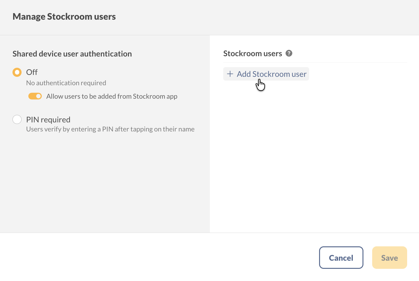 Manage Stockroom users screen with Shared device user authentication set to Off. To the right, select Add Stockroom user to add someone to the Stockroom app.