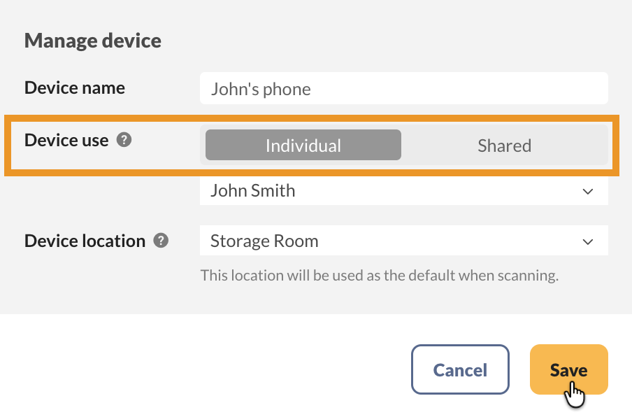 Device use in the Manage device window, set to Individual and assigned to one user, with Shared as the other option.