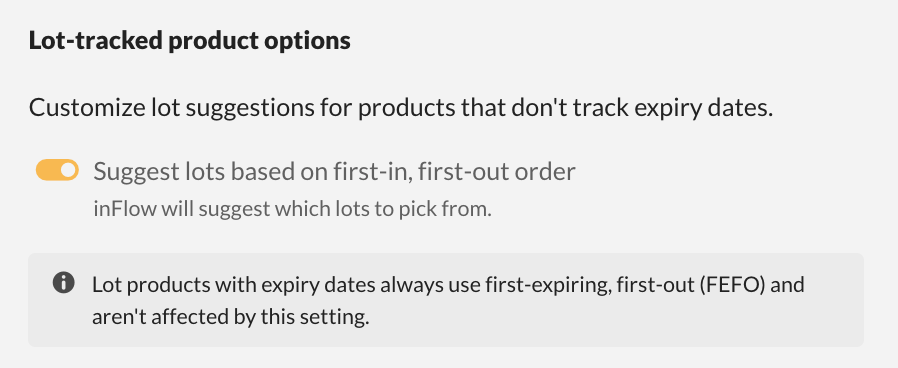 The Lot-tracked product options section with Suggest lots based on first-in, first-out order turned on.