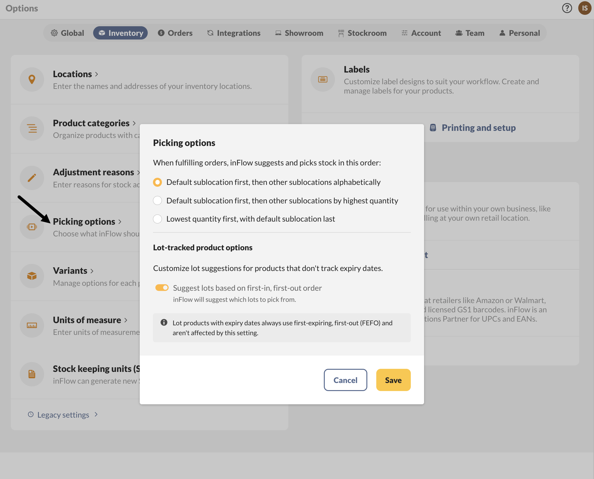 The Picking options window with sublocation picking choices and a Lot-tracked product options section.