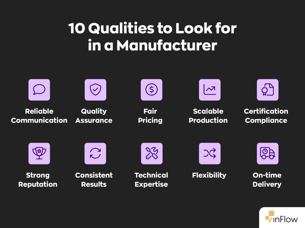 10 Qualities to Look for in a Manufacturer:
1. Reliable Communication
2. Quality Assurance
3. Fair Pricing
4. Scalable Production
5. Certification Compliance
6. Strong Reputation
7. Consistent Results
8. Technical Expertise
9. Flexibility
10. On-time Delivery