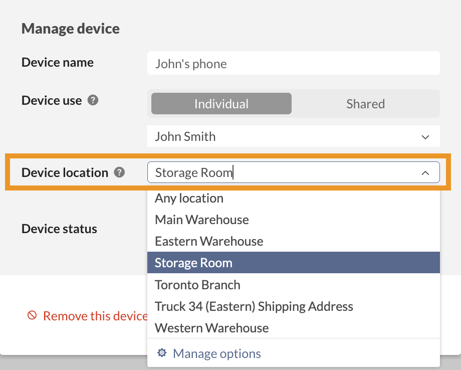 The Device location drop-down open in Manage device, listing Any location and each warehouse, with Manage options at the bottom.