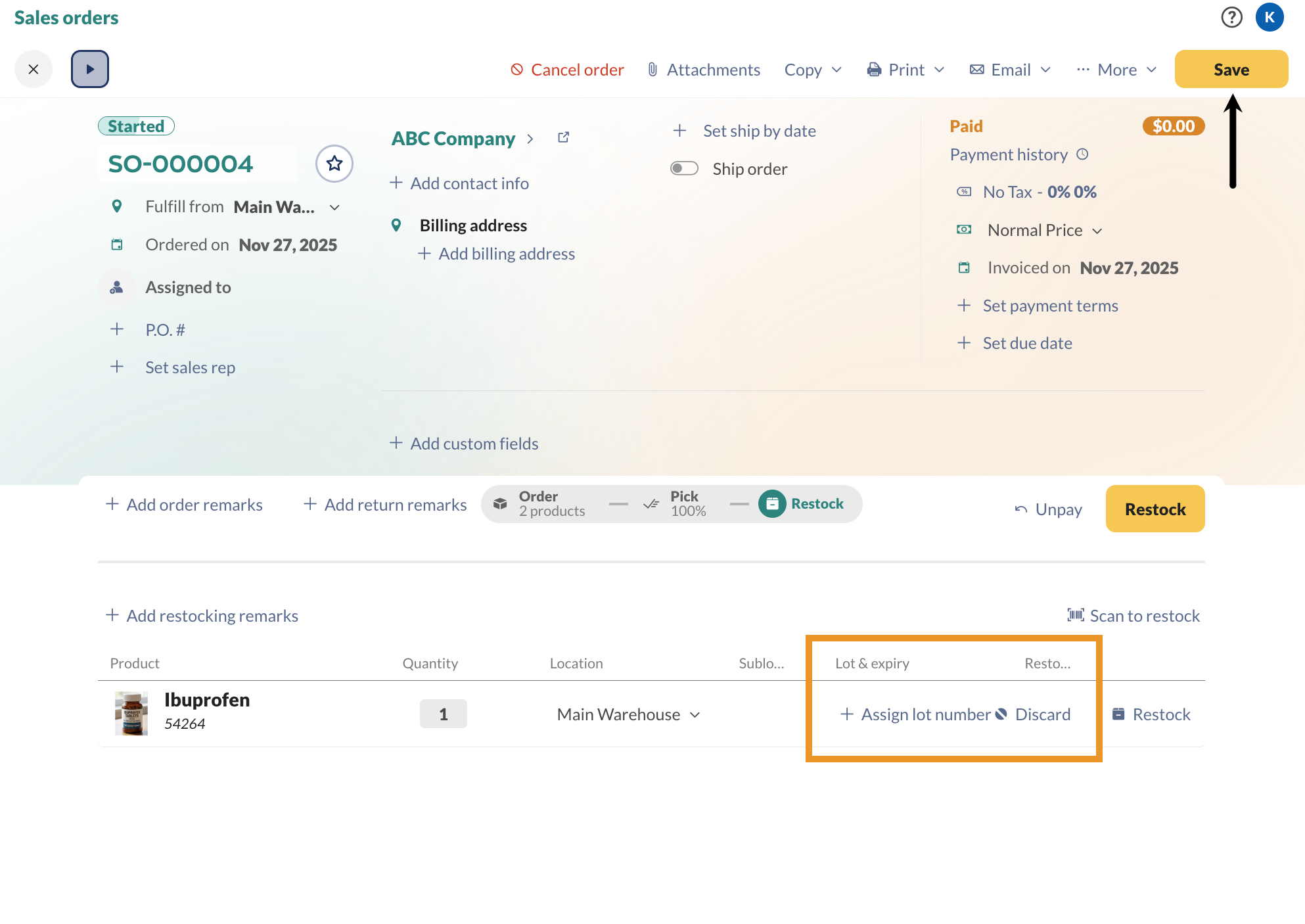 How to restock or discard a product on a sales order.